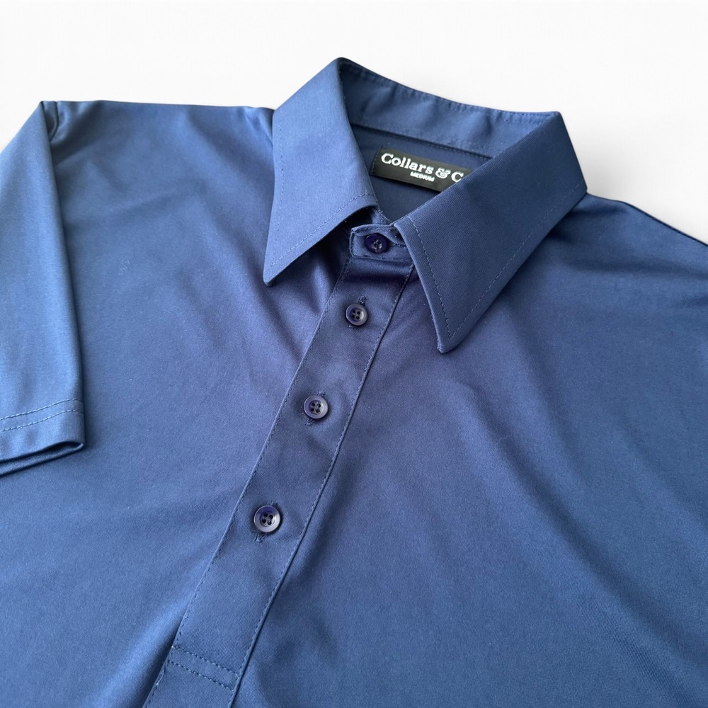 Collars & Co Dress Stiff Collar Polo Mens M Navy Blue Performance Stretch Shirt